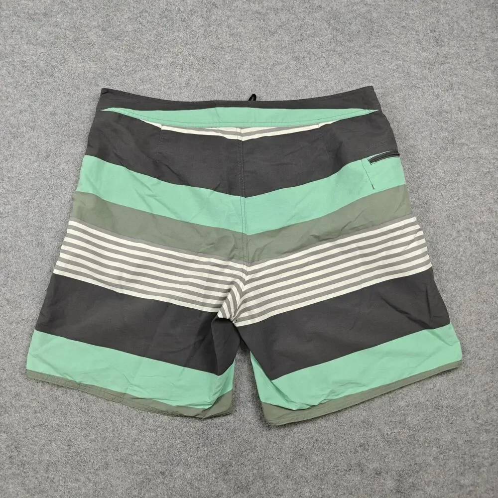 Patagonia Board Shorts Mens 38 Green Striped Lined Quick Dry Drawstring Pockets